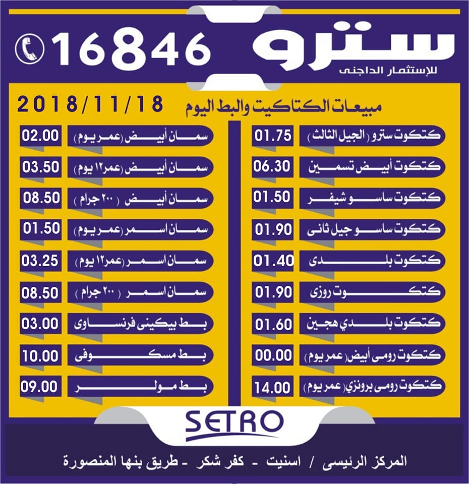 شركة سترو للاستثمار الداجني (Setro)
لا تنسَ أنك شاهدت هذا الإعلان في عنكبوت
سعر البيض والكتاك...