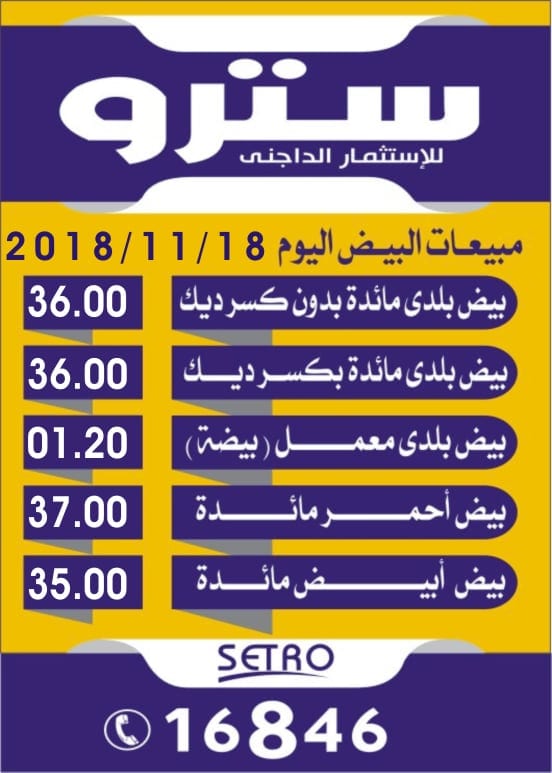 شركة سترو للاستثمار الداجني (Setro)
لا تنسَ أنك شاهدت هذا الإعلان في عنكبوت
سعر البيض والكتاك...