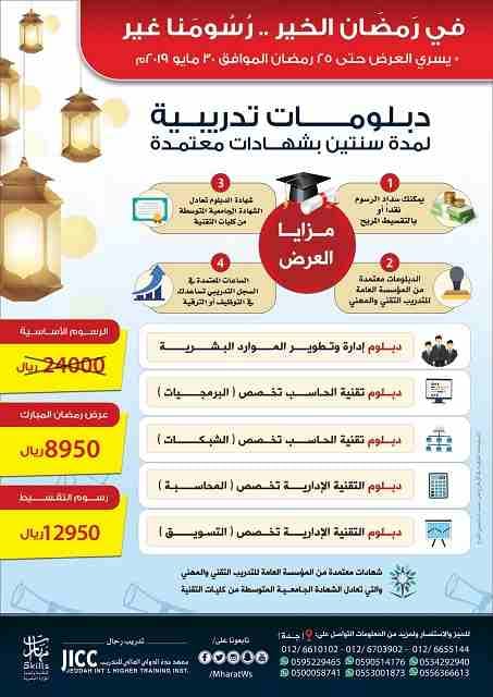 في رَمضَان الخير ... رُسُومنَا غير
دبلومات تدريبية لمدة سنتين بشهادات معتمدة
يسري العرض حتى نهاية شهر مايو 2019م
السداد نقداً كامل الرسوم بــ 8950 ريال
السداد بدفعات ميسرة بــ 12950 ريال
دبلوم إدارة...