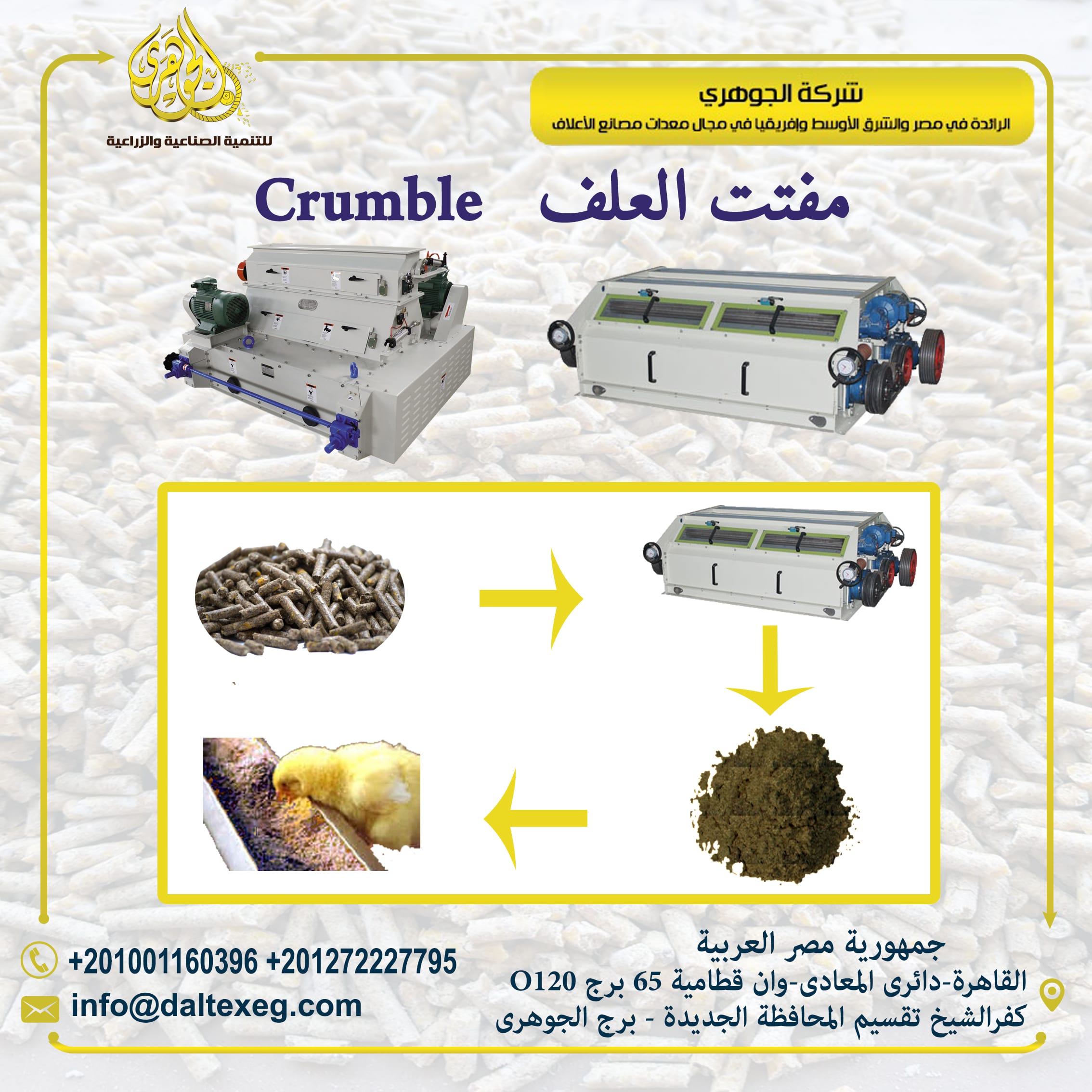 مفتت العلف Crumbler
* تقدم لكم شركة الجوهرى لمعدات مصانع الاعلاف معدة من اهم معدات خط انتاج العلف (مفتت العلف)
- حيث يقوم بتفتيت مصبعات العلف الى حبيبات صغيرة لتلائم الاعمار الصغيرة للإنتاج الحيوان...